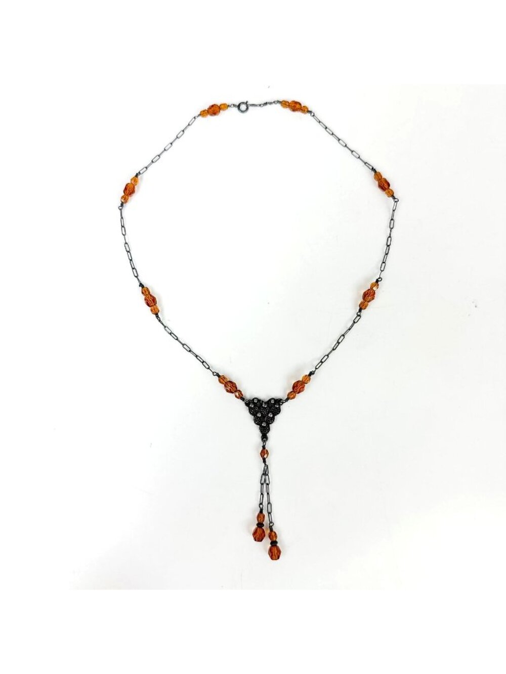 Vintage Victorian Sterling Silver Y Amber Glass Beaded Dainty Necklace